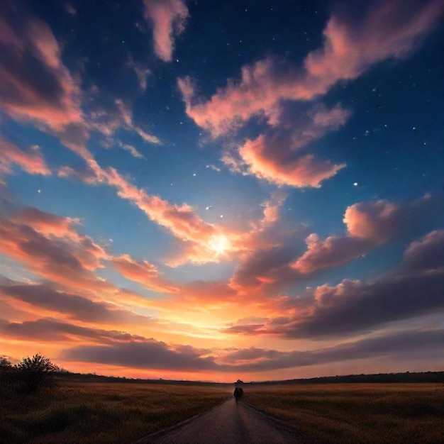 a road in a field with a sky full of clouds and a lone tree