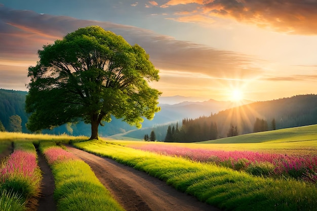 A road in a field with a sunset