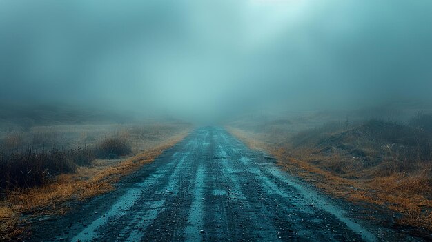 Photo a road in the fog with a blue sky and a field with a patch of grass