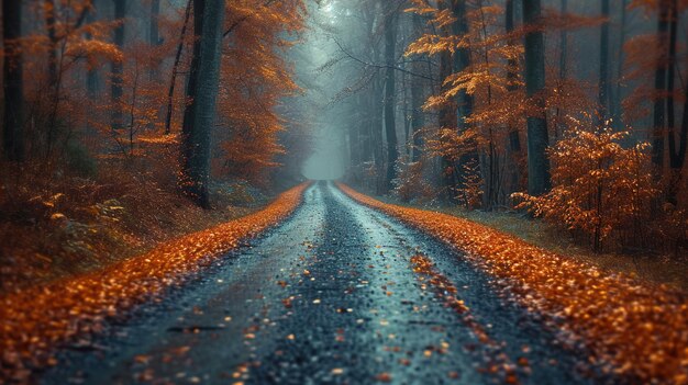 a road in the fog with a tree on the left side