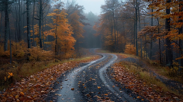 a road in the fog with trees in autumn