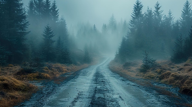 a road in the fog with trees in the background