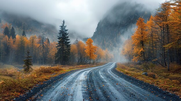 a road in the fog with trees and fog in the background