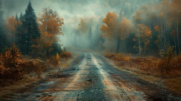 a road in the fog with trees on the left side