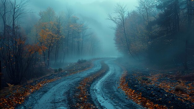 a road in the fog with trees and a road with a road in the background