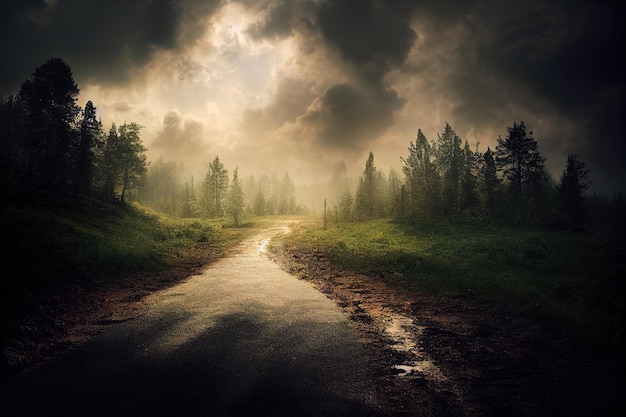 road in the forest after rain, clouds in the sky