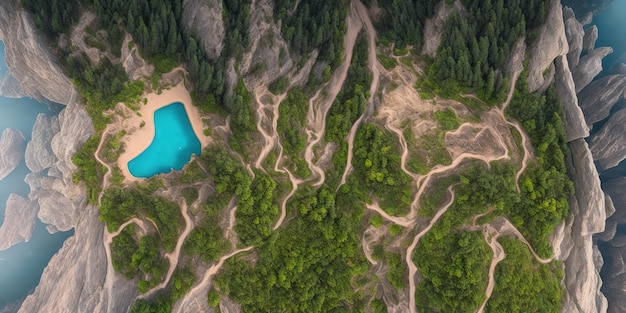 A road in the forest with a blue lake in the middle