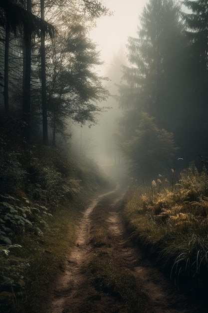 A road in the forest with the sun shining on it