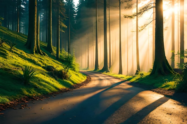 A road in the forest with the sun shining through the trees