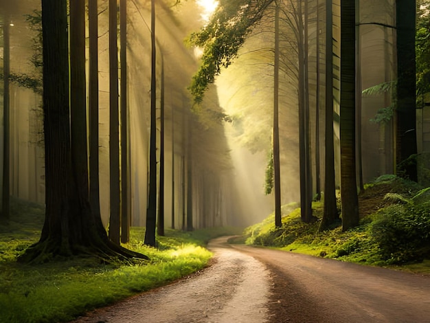 A road in a forest with the sun shining through the trees