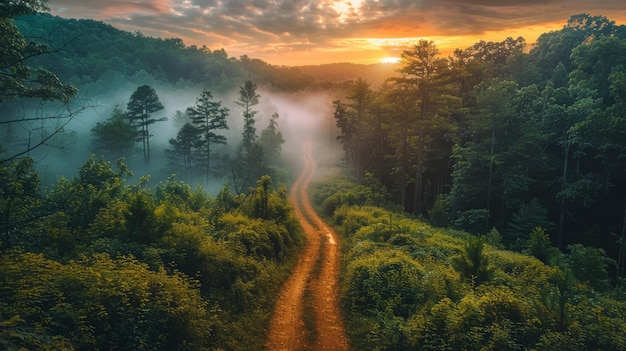 a road in the forest with a sunset in the background