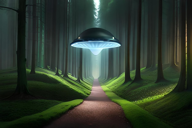 A road in a forest with a ufo flying over it.