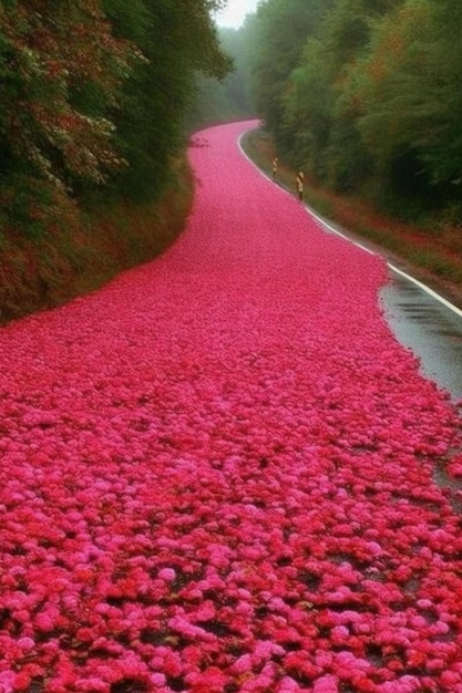 Photo a road full of flowers is covered in pink flowers.