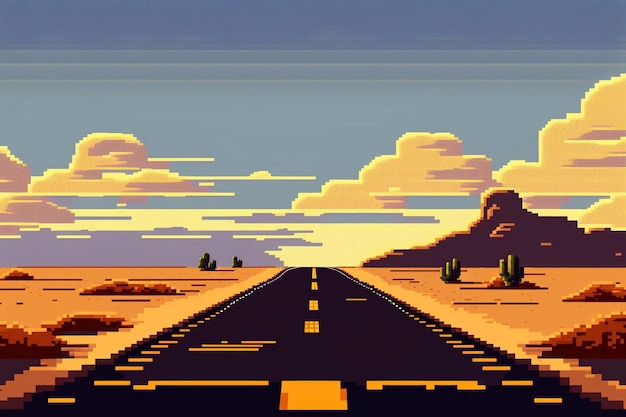 The road going into the distance up to the mountain on the horizon amidst a beautiful landscape pixel art generative ai