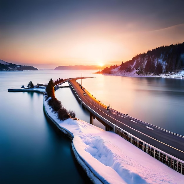 A road is covered in snow and the sun is going down.