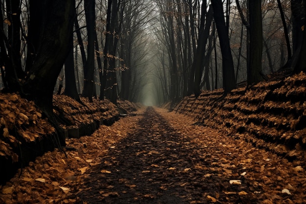 A road is marked with a path that has fallen leaves on it