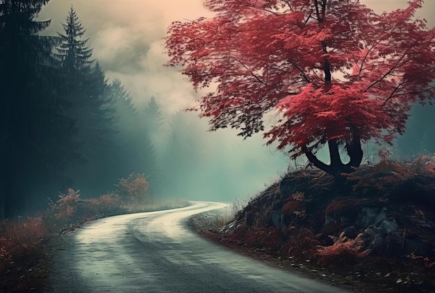 the road is winding through trees in autumn with mist surrounding it in the style of heiner luepke