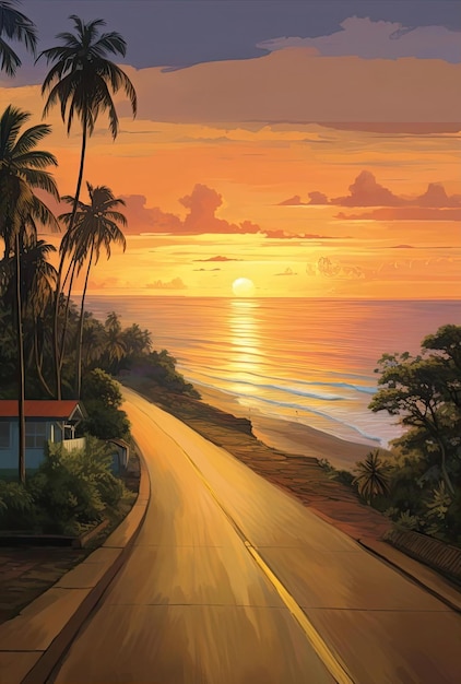 a road leading away from the ocean in the style of golden light