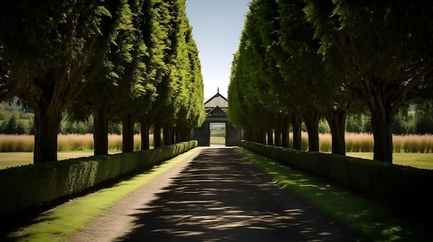 A road leading to a chapel with a tree lined path.