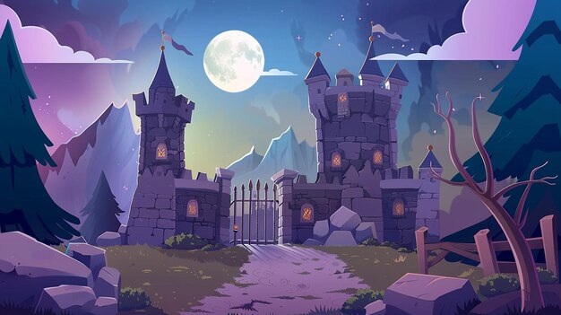 Photo road leading to fairytale medieval castle with stone vector cartoon