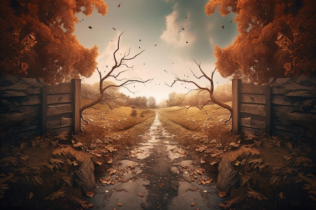 A road leading to a gate that says'fall'on it