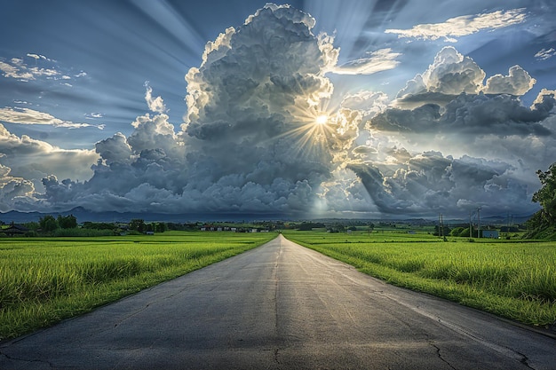 Road leading into the distance with green grass on both sides and dark clouds ahead