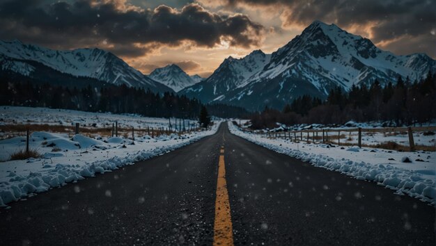 A road leading to a mountain covered in snow and ice