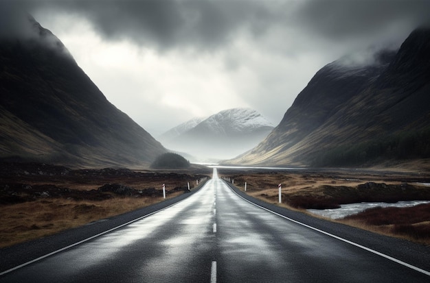 A road leading to a mountain range with a cloudy sky in the background.