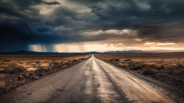 A road leading to a mountain range with a stormy sky in the background.