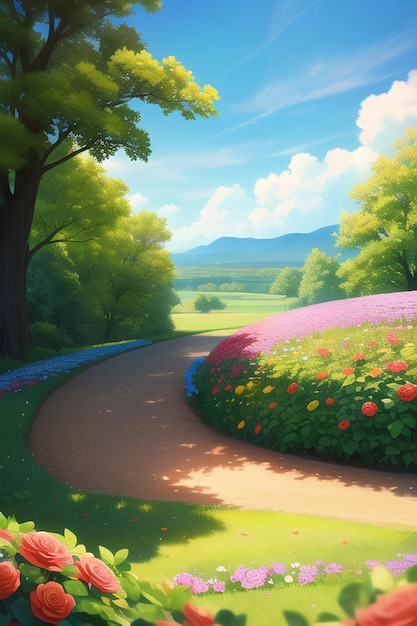 A road leading to a mountain with flowers on it