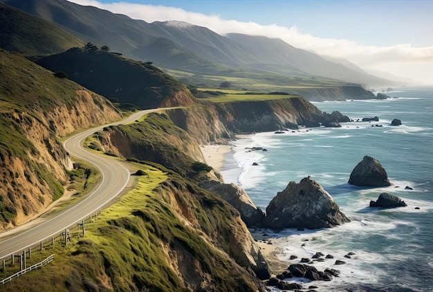 a road leading to the ocean on the pacific coast in the style of landscapefocused