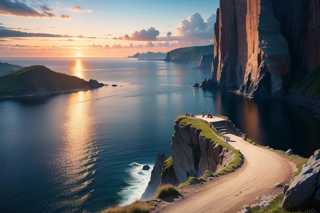 A road leading to the sea with a sunset in the background