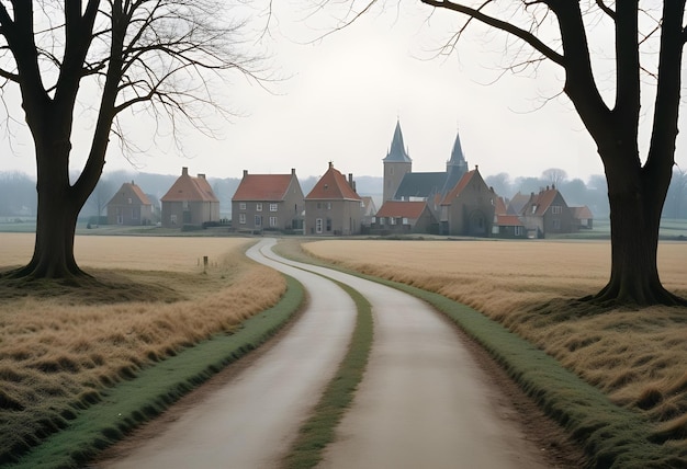 Photo a road leading to a small village with a church in the background