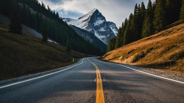 Road leading to a snow capped mountain at sunrise or sunset