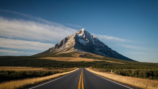 Road leading to a snow capped mountain at sunrise or sunset