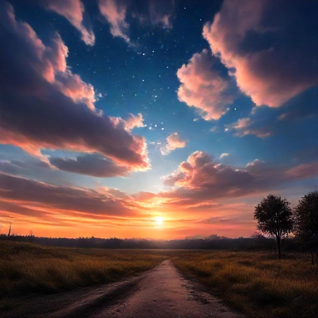 a road leading to a sunset with clouds and a road