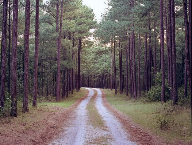 Photo a road leading through tall pine trees