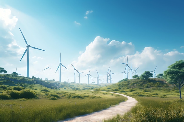 A road leading to a wind farm with a blue sky and clouds.