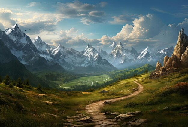 a road leads to a mountain in the style of arcadian landscapes