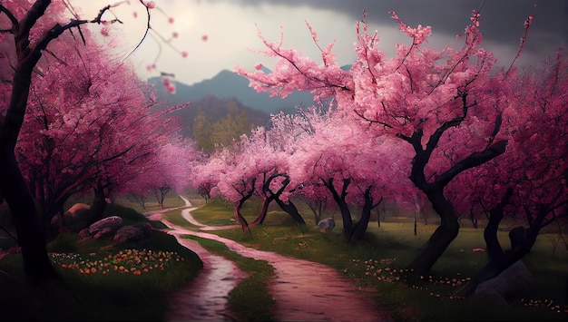 A road lined with pink cherry trees in the middle of a forest.