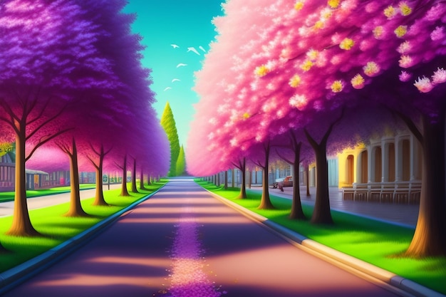 A road lined with pink trees with the word love on it.