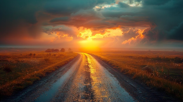 a road in the middle of a field with a sunset in the background