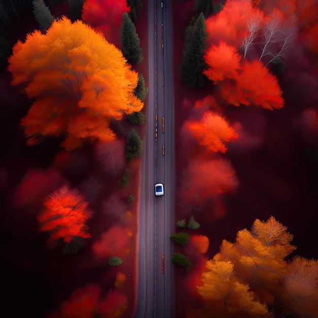 Road in the middle of the forest view from above