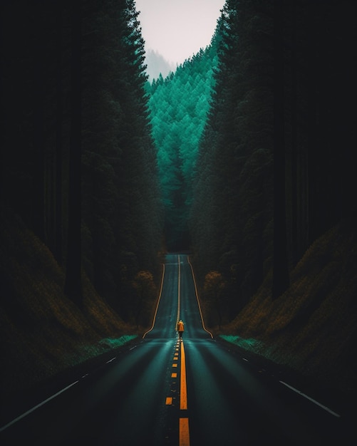 A road in the middle of a forest with a yellow car on the road.