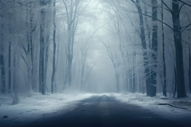 a road in the middle of a snowy forest