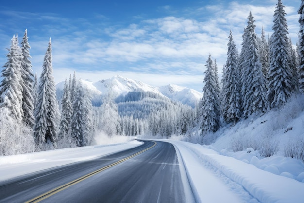 a road in the middle of a snowy forest