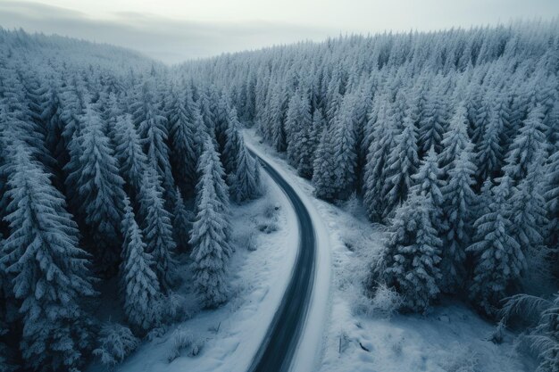 a road in the middle of a snowy forest