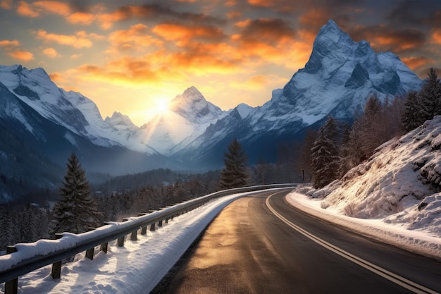 a road in the middle of a snowy mountain range