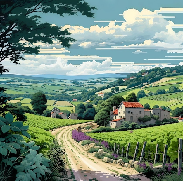 A road in the middle of a vineyard with a house on the hill and a vineyard in the background