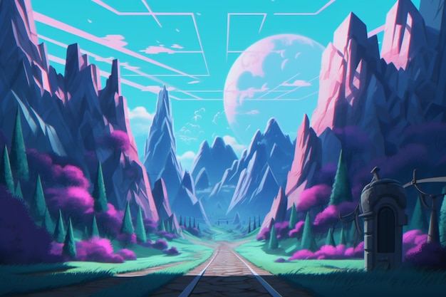 A road in a mountain landscape with a pink sky and a man with a helmet on it.